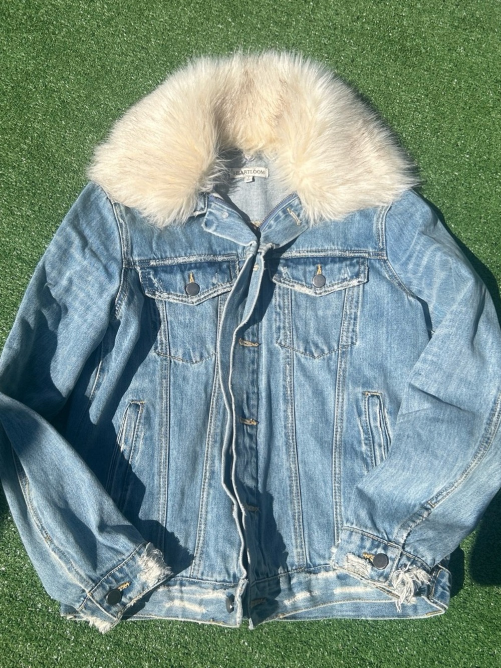 Heartloom Light Blue Jean Jacket with Cream Fur Collar